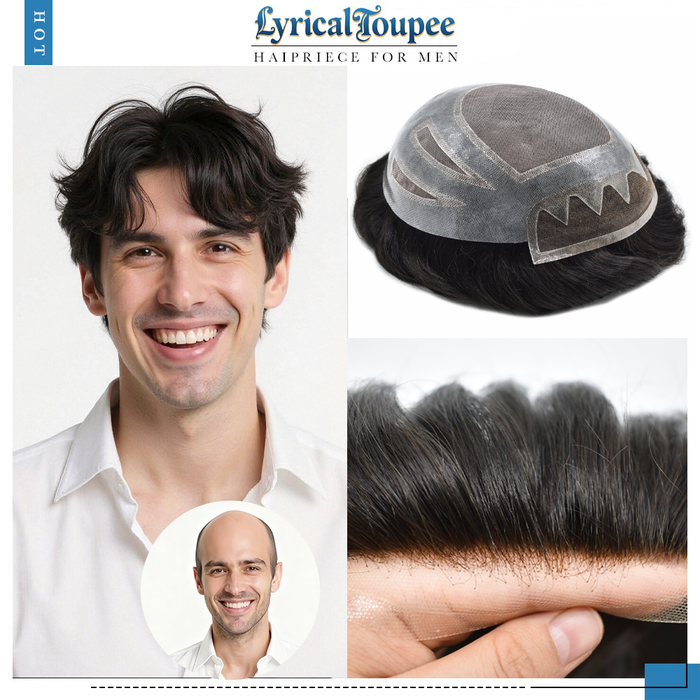 LYRICAL TOUPEE Fine Mono Poly Skin Mens Hair Pieces French Lace Front Hair Replacement System for Mens Toupee Monofilament