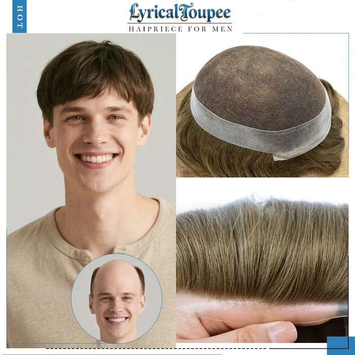 LYRICAL TOUPEE US Stock Human Hairpiece French Lace Mens Toupee Poly Skin Around Mens Hair System