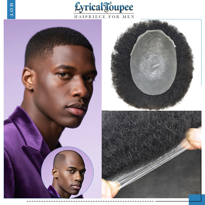 LYRICAL TOUPEE US Stock Kinky Curly Afro Mens Toupee 0.03-0.06mm Thickness PU Hair Unit For Black Men