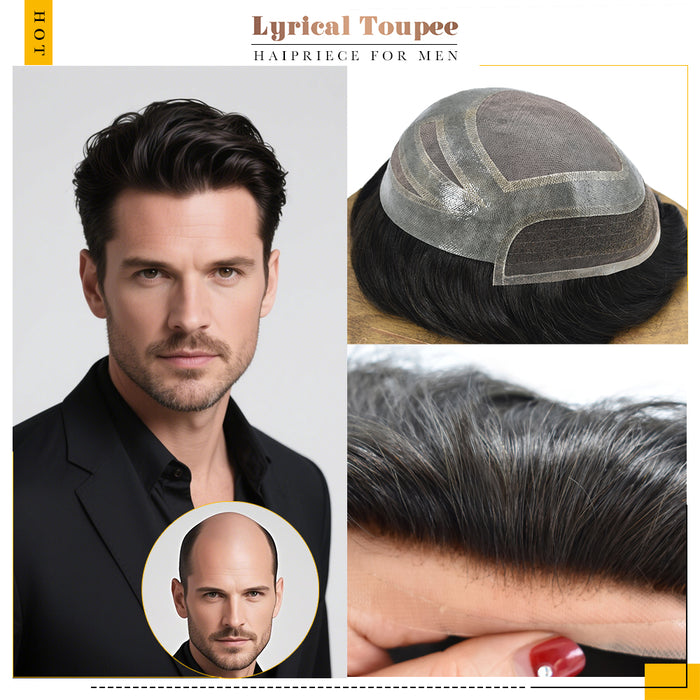 LYRICAL TOUPEE US STOCK Fine Mono Mens Hair Pieces French Lace Front Men Toupee Poly Skin Hair Replacement System for Men