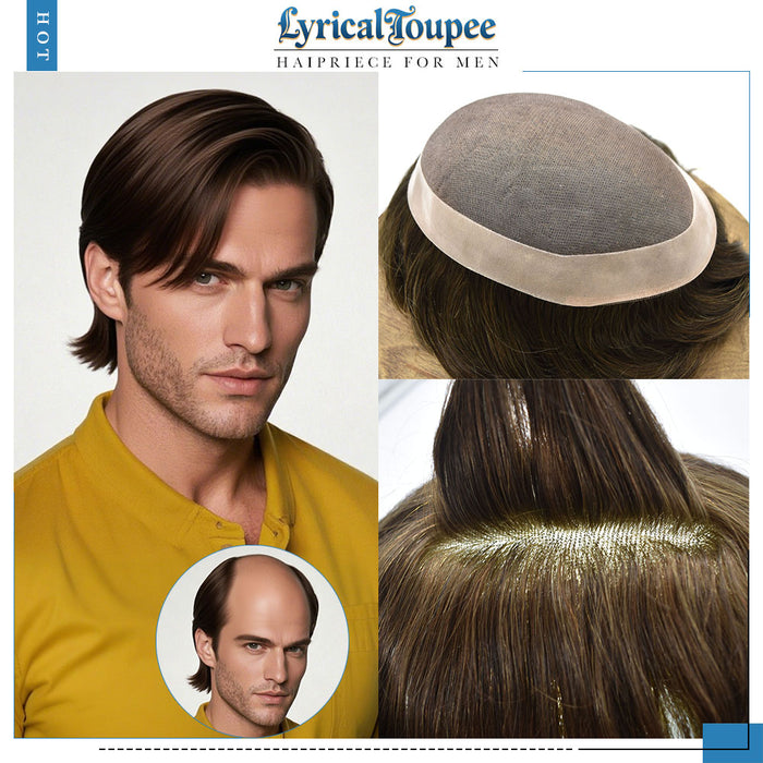 LYRICAL TOUPEE System for Mens Hair Piece US STOCK Monofilament with PU Coating(NPU) Toupee Folded Lace Front Natural Hairline Mens Toupee