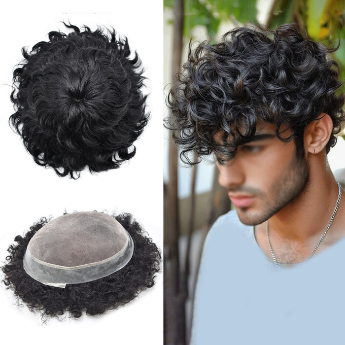 LYRICAL TOUPEE US STOCK Curly Wave Toupee For Men Fine Mono Men Wave Hair Unit Clear Poly Around Curly Hairpiece For Men