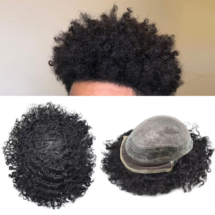 LYRICAL TOUPEE Afro Men Hair System French Lace PU Skin Curly Mens Toupee for African American Mens Hair Piece