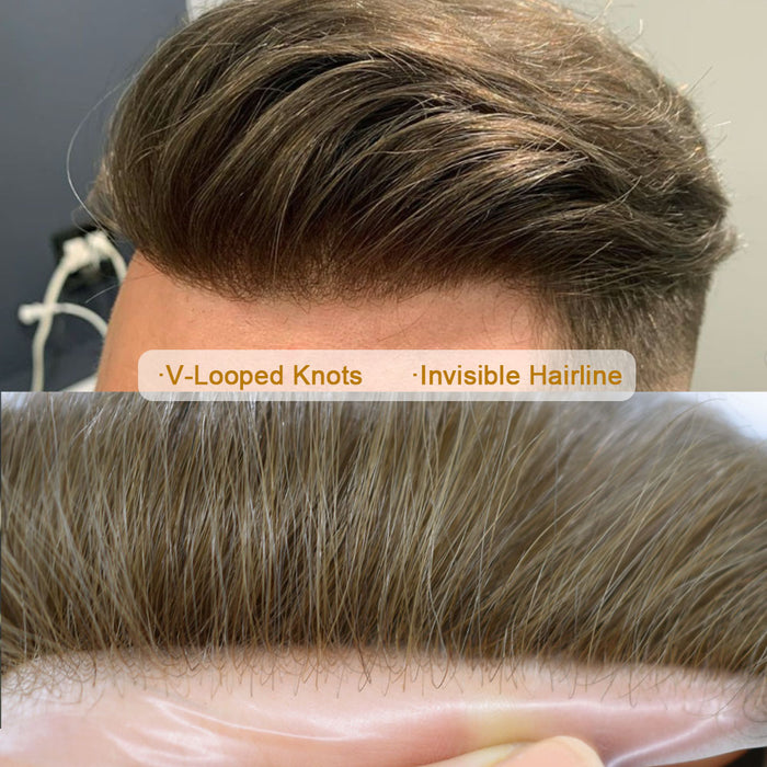 LYRICAL TOUPEE US Stock Mens Toupee 0.04mm Ultra Thin Skin Hair System for Men V-Looped Knots Natural Hairline Mens Hairpieces