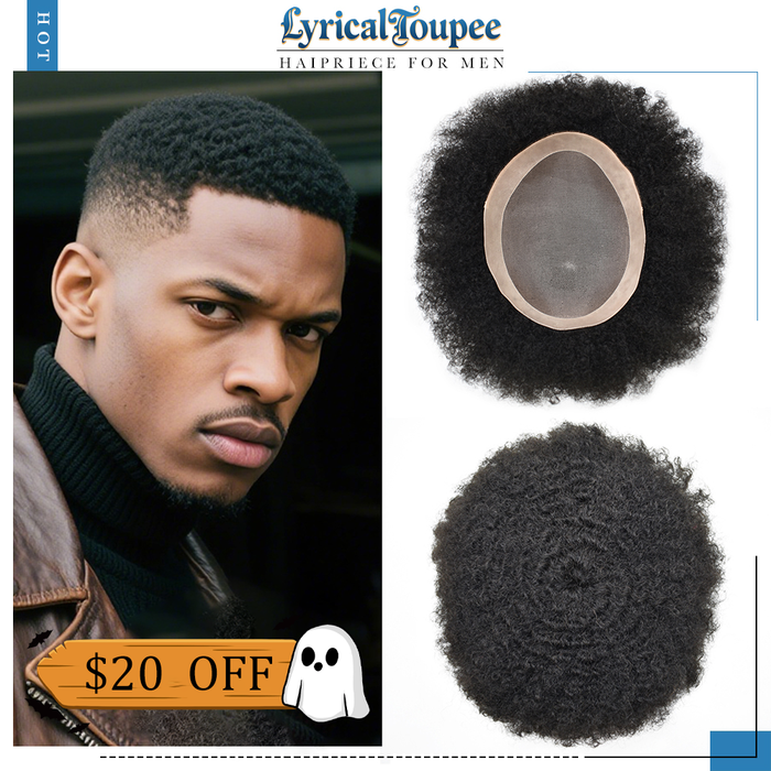 LYRICAL TOUPEE US STOCK Afro Toupee For Black Men Fine Monofilament Men Wave Hair Unit Poly Coated Kinky Curly Hairpiece