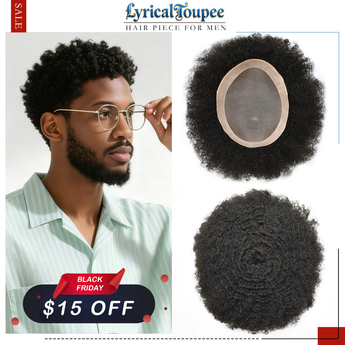 LYRICAL TOUPEE US STOCK Afro Toupee For Black Men Fine Monofilament Men Wave Hair Unit Poly Coated Kinky Curly Hairpiece