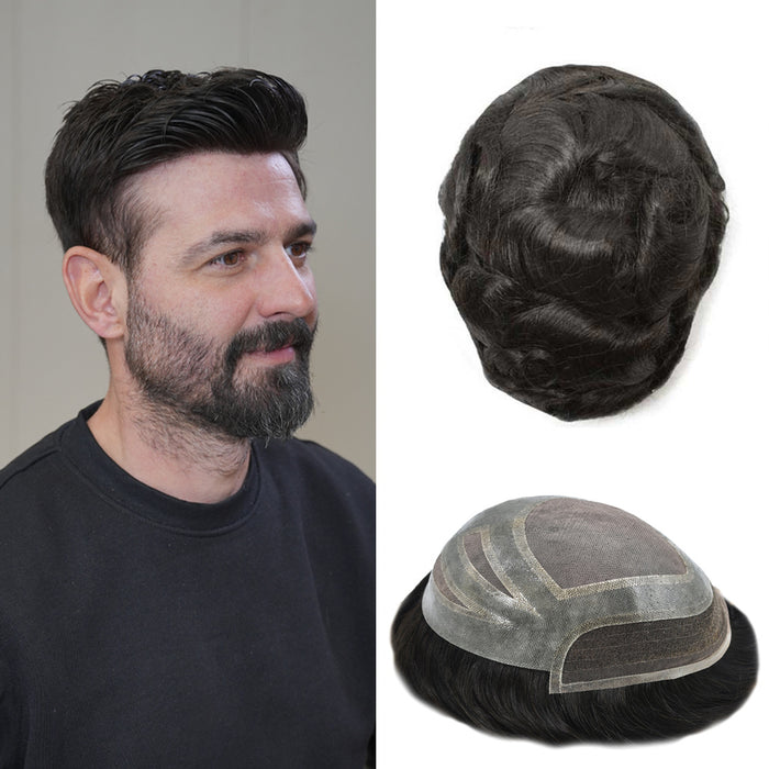 LYRICAL TOUPEE US STOCK Fine Mono Mens Hair Pieces French Lace Front Men Toupee Poly Skin Hair Replacement System for Men