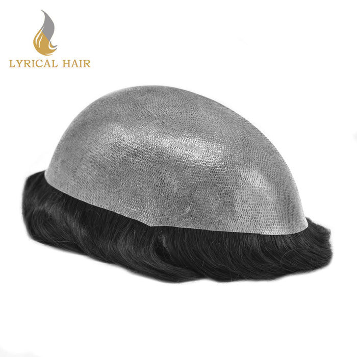 LYRICAL HAIR US Stock US Stock 0.10mm Thickness Durable Skin Hair System For Men 100% Hand Tied Woven Toupee for Men