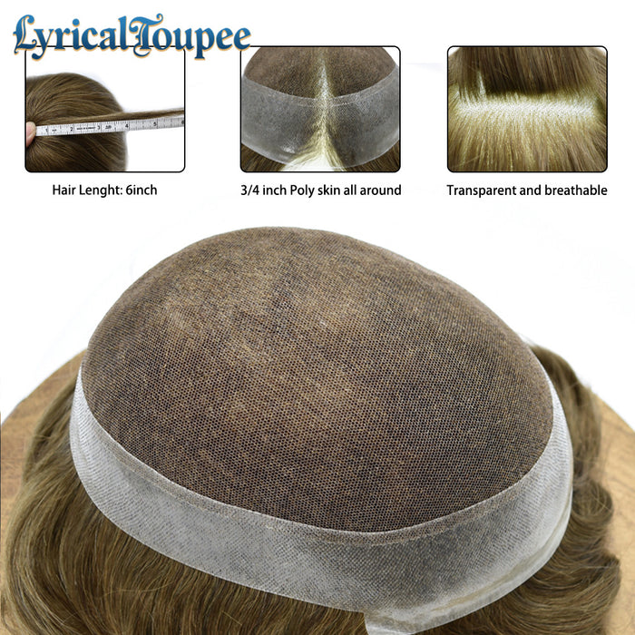 LYRICAL TOUPEE US Stock Human Hairpiece French Lace Mens Toupee Poly Skin Around Mens Hair System