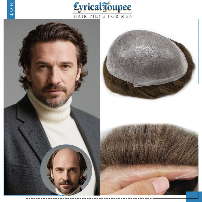 LYRICAL TOUPEE US Stock 0.08mm Thickness Natural& Durable Thin Skin Hair System For Men V-Looped Knots Mens Hairpieces Natural Hairline  Toupee for Men