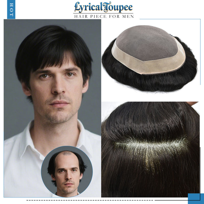LYRICAL TOUPEE System for Mens Hair Piece US STOCK Monofilament with PU Coating(NPU) Toupee Folded Lace Front Natural Hairline Mens Toupee