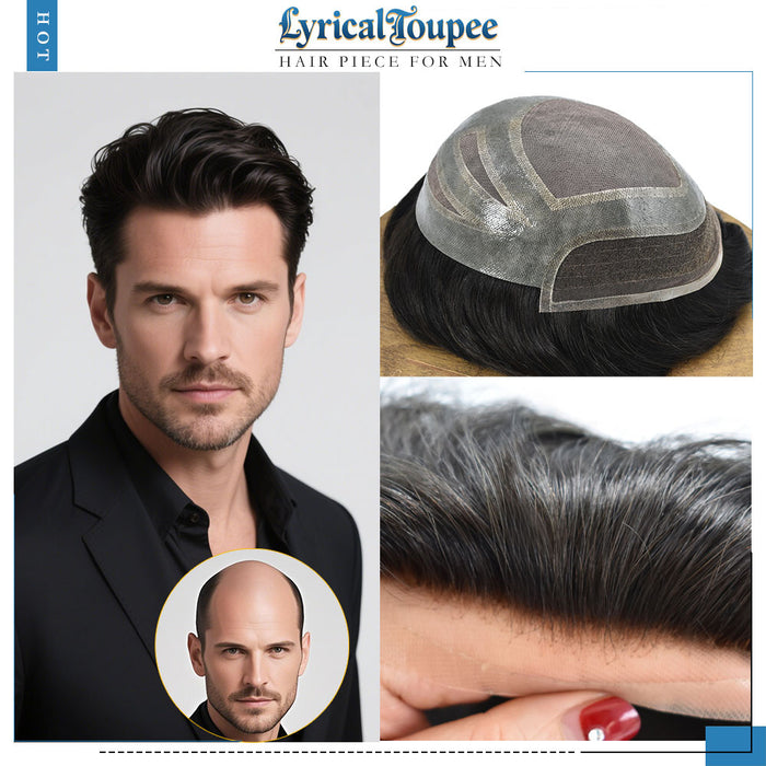 LYRICAL TOUPEE US STOCK Fine Mono Mens Hair Pieces French Lace Front Men Toupee Poly Skin Hair Replacement System for Men