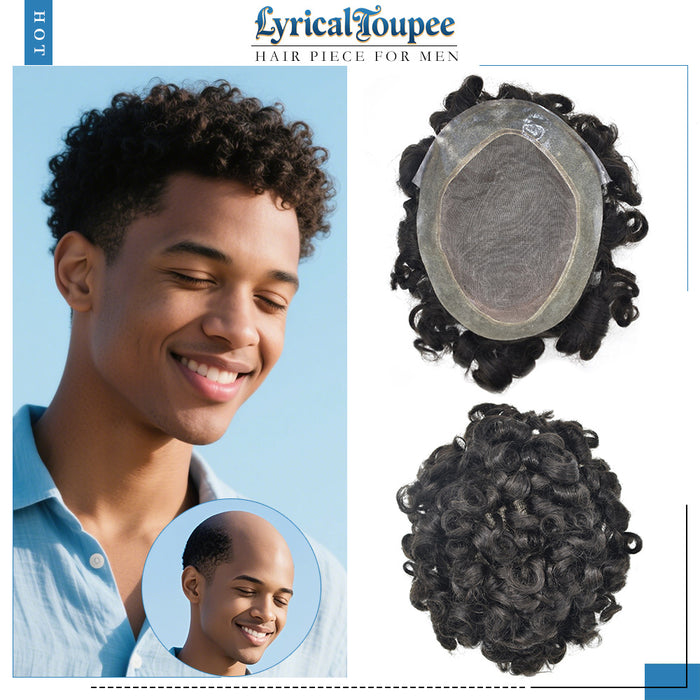 LYRICAL TOUPEE US STOCK Afro Toupee For Black Men Fine Mono Men Wave Hair Unit Clear Poly Around Kinky Curly Hairpiece
