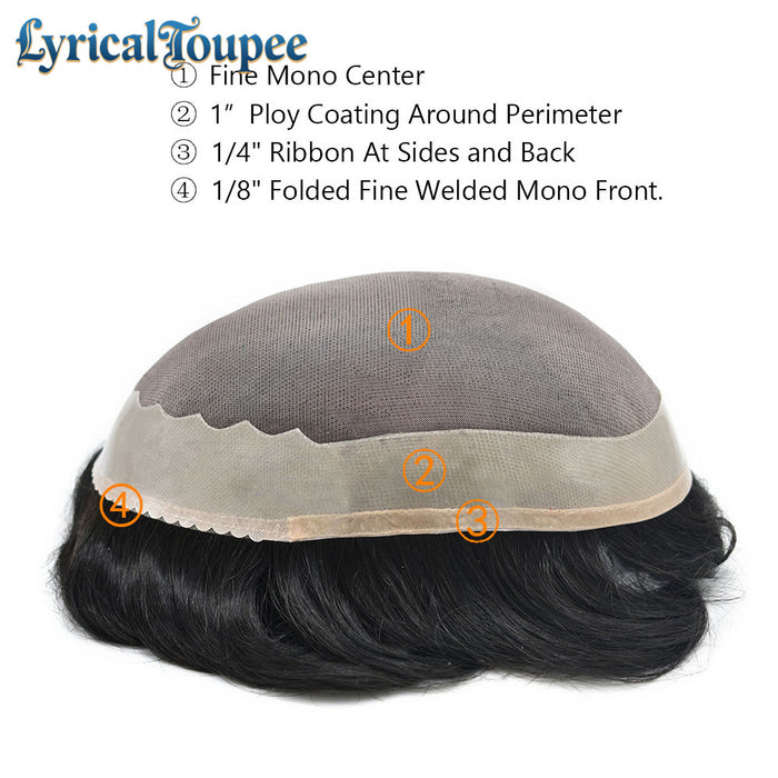 LYRICAL TOUPEE US STOCK Men Toupee Fine Monofliament Durable Mens Hair System Human Hair Mens Hairpiece