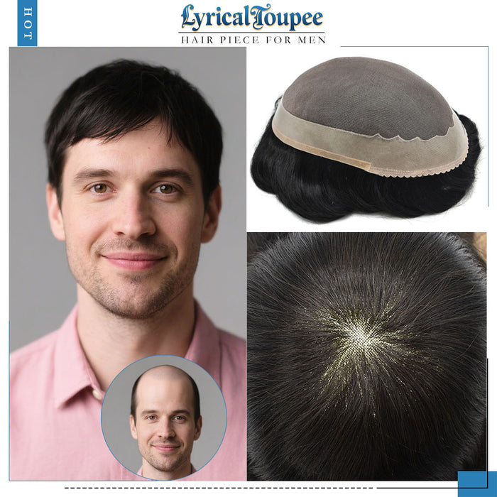 LYRICAL TOUPEE US STOCK Men Toupee Fine Monofliament Durable Mens Hair System Human Hair Mens Hairpiece