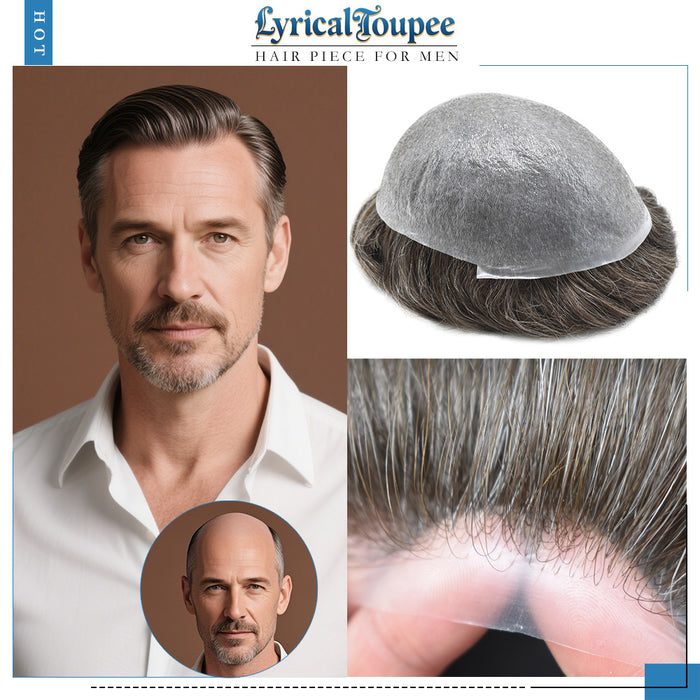 LYRICAL TOUPEE Mens Toupee 0.06mm Ultra Thin Skin Hair Replacement System for Men V-Looped Knots Mens Hairpieces Natural Hairline Toupee for Men